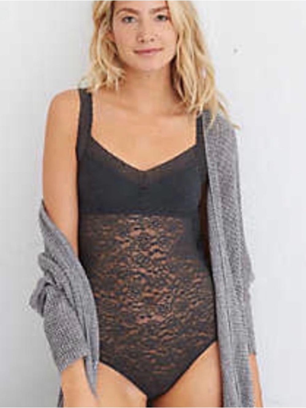 aerie Charcoal Lace Cami Bodysuit with Cut Out; Medium